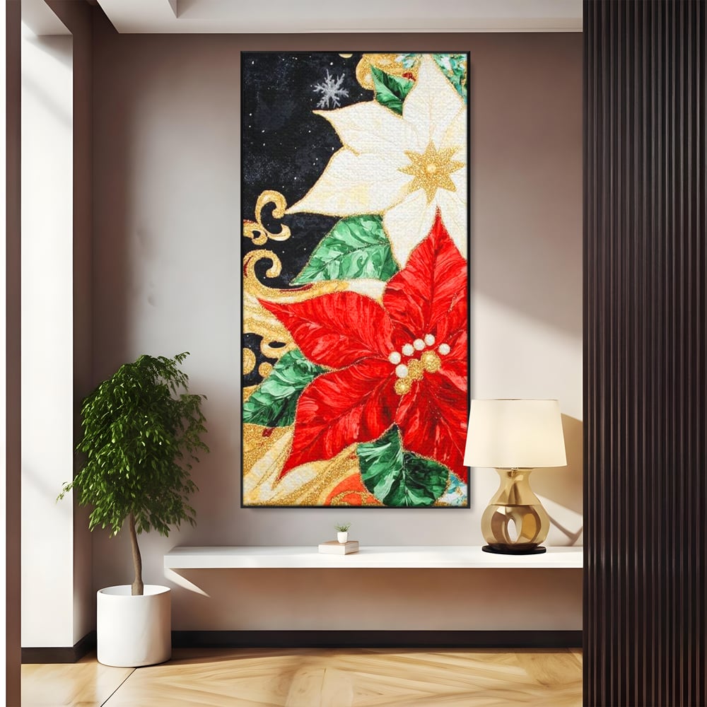Tablou canvas cu tablou canvas cu craciunite rosii si albe, in rama de aluminiu negru